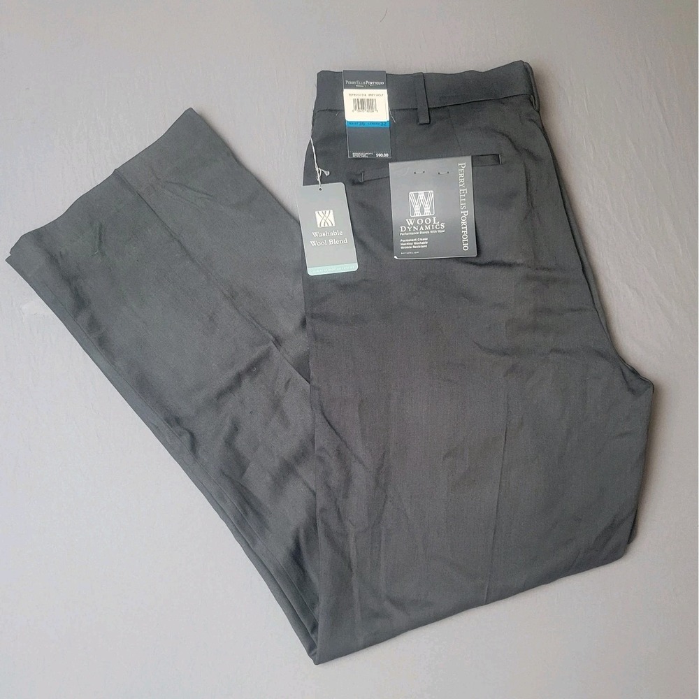 Perry Ellis Portfolio Pants Mens 36x32 Pleated Dress Slacks Wool Blend Classic